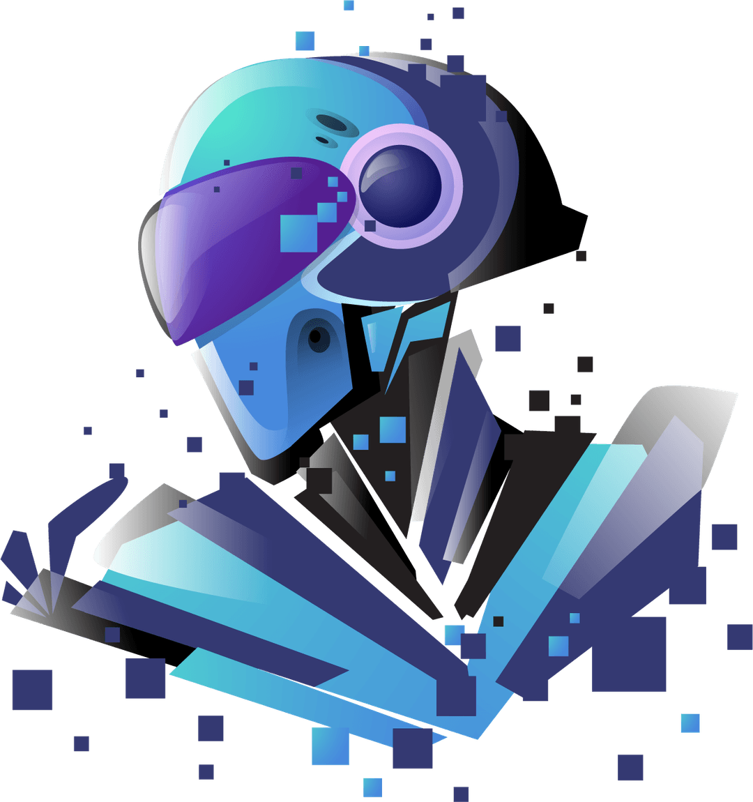 The 2019 Gamma Digital mascot, dissolving into pixel shards